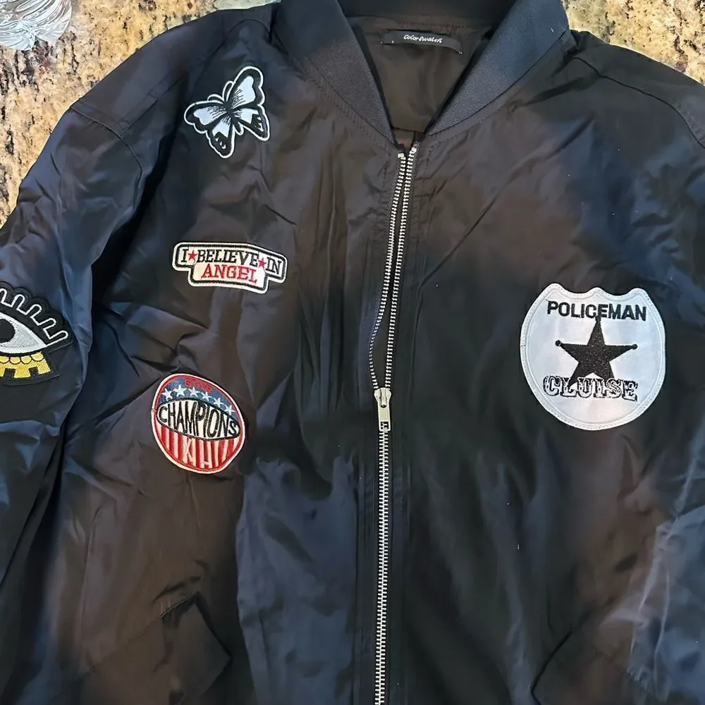 NWT - Women’s Curvy Plus Retro Patches Front Zipper Black Bomber Jacket Size 1XL